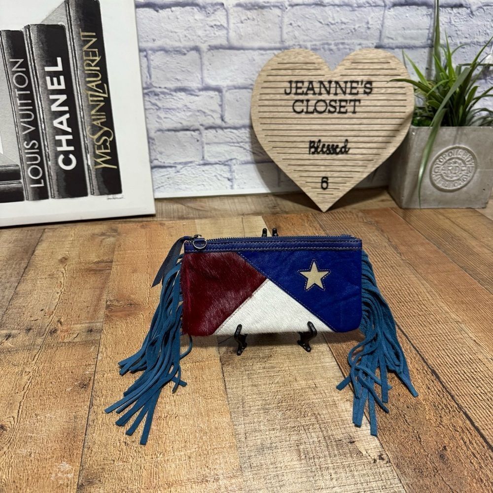 Montana west patriotic flag hide fringe clutch/bag has flaws